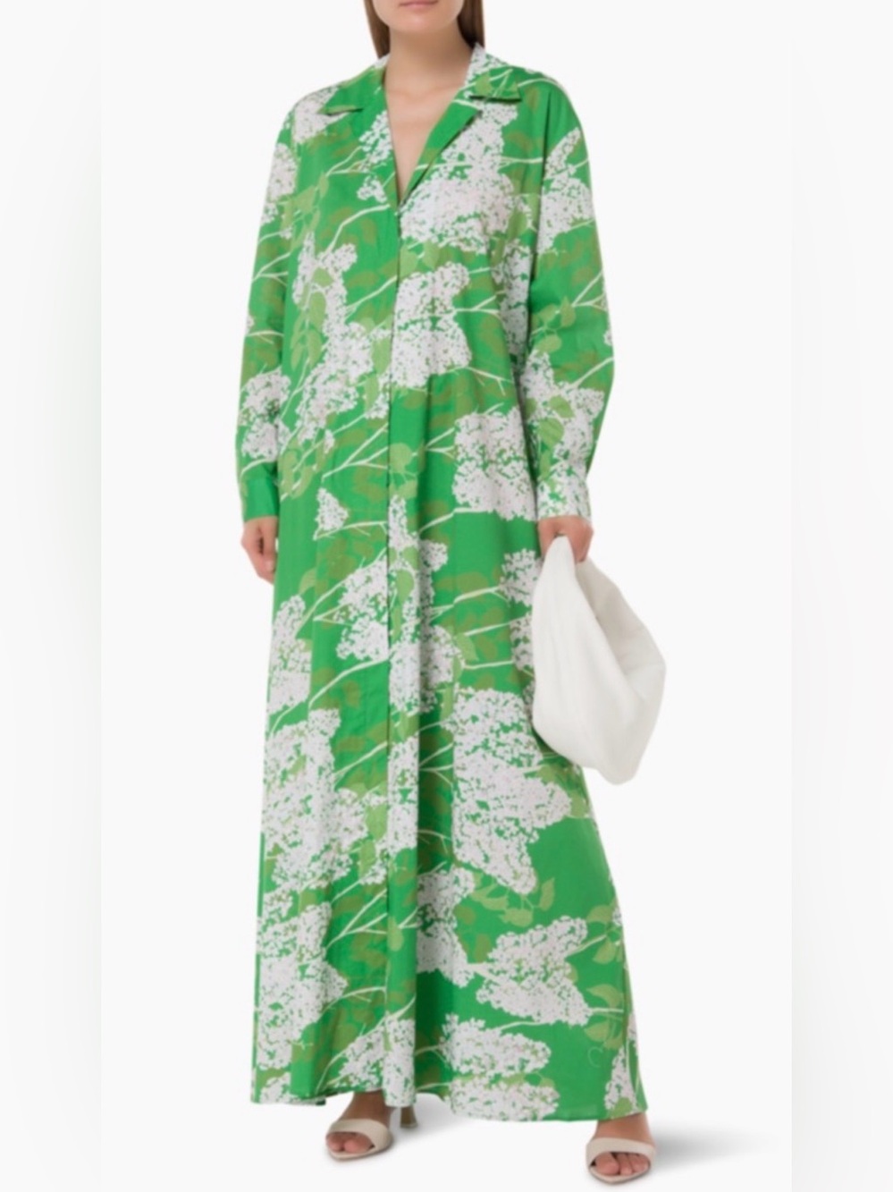 BERNADETTE Gregory Dress Green Floral Maxi Cotton Stretch Button Down Collared S